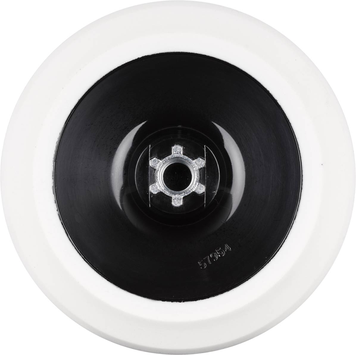 Roue en noir et blanc avec une vis centrale, vue de dessus. Adaptée pour des planches à roulettes ou des appareils similaires.