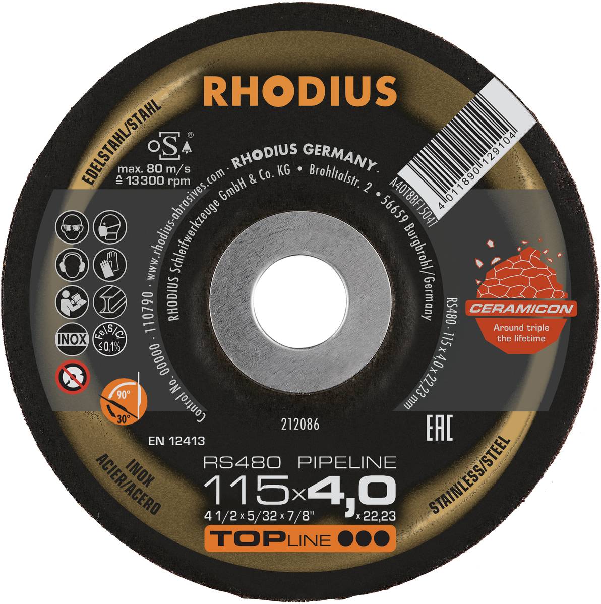 Une meule noire avec inscription orange 'RHODIUS' ; adaptée pour l'acier inoxydable, de dimensions 115 x 4,0 mm, vitesse maximale de 80 m/s.