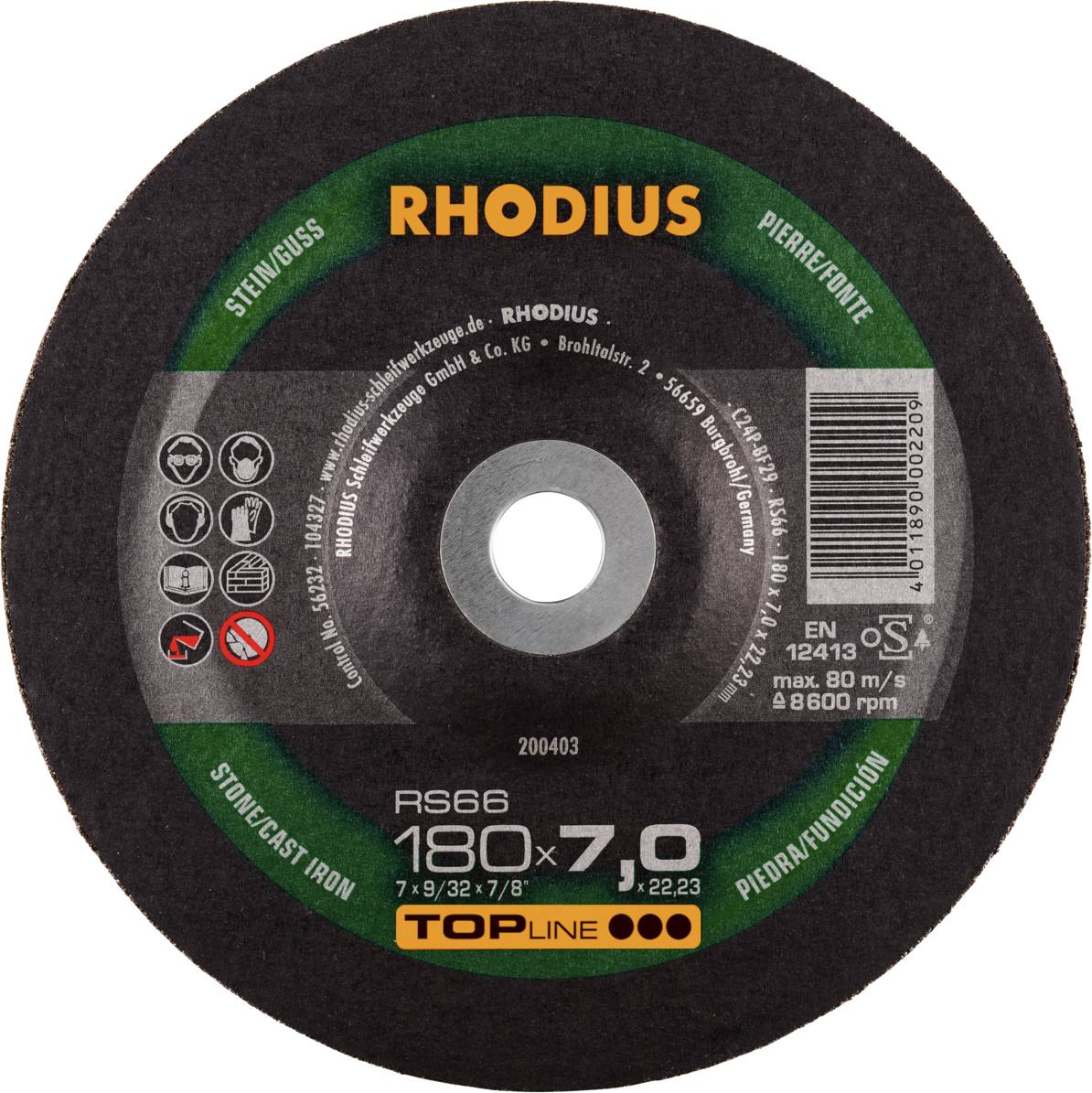 Disque à tronçonner de la marque Rhodius, 180x7,0 mm, pour couper la pierre et le fer. Vitesse de rotation maximale : 8500 tr/min.