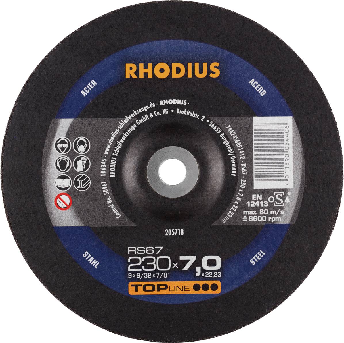 Disque à tronçonner Rhodius pour acier, modèle RS67, 230 mm x 7,0 mm, vitesse maximale 80 m/s et 6600 tr/min, avec symboles de sécurité.