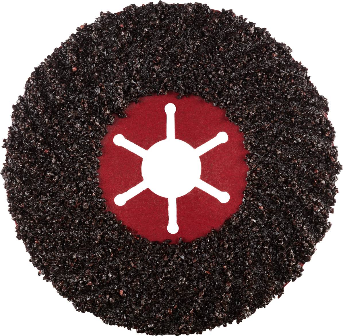 Un disque abrasif noir et circulaire à granulation grossière, avec une zone rouge au centre comprenant un symbole blanc en forme d'étoile.