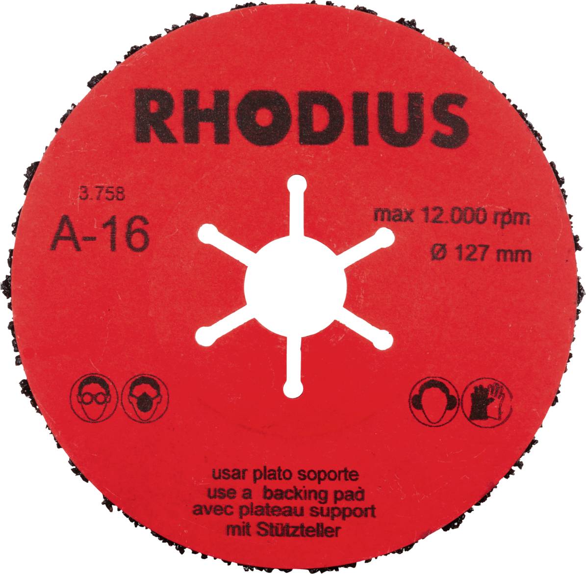 Disque de meulage avec l'inscription 'RHODIUS', 'A-16'. Spécifications : max 12 000 tr/min, Ø 127 mm. Symboles : porter des lunettes de protection et des gants.