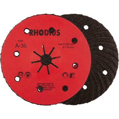 Disque abrasif rond rouge de Rhodius, modèle A-36, vitesse max. 8 500 tr/min, diamètre 178 mm, avec symboles de masque et de lunettes de protection.