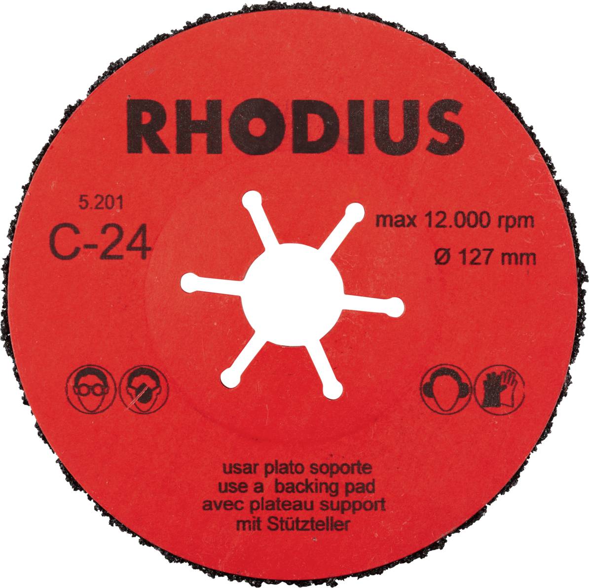 Disque de meulage rouge RHODIUS, modèle C-24, vitesse maximale 12 000 tr/min, diamètre 127 mm. Consignes : porter des lunettes de protection et des gants.