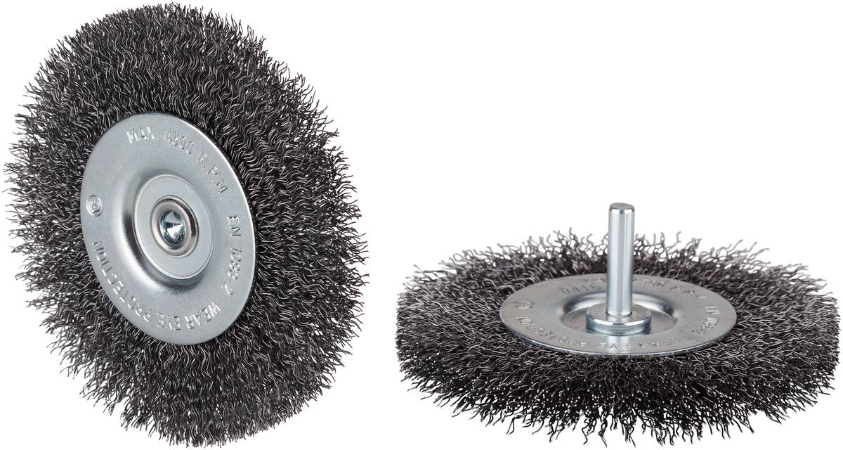 Deux brosses métalliques avec base en métal, l'une avec un axe court et l'autre à plat, destinées au nettoyage ou au traitement de surface.