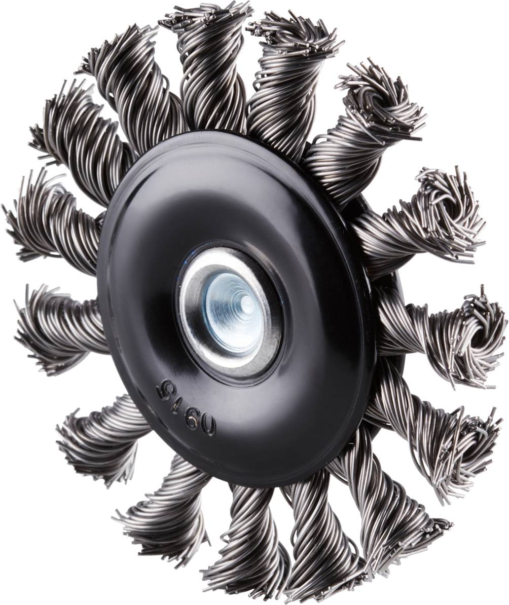 Une brosse métallique circulaire avec des poils torsadés en spirale, adaptée pour éliminer la rouille ou la peinture sur des surfaces métalliques.