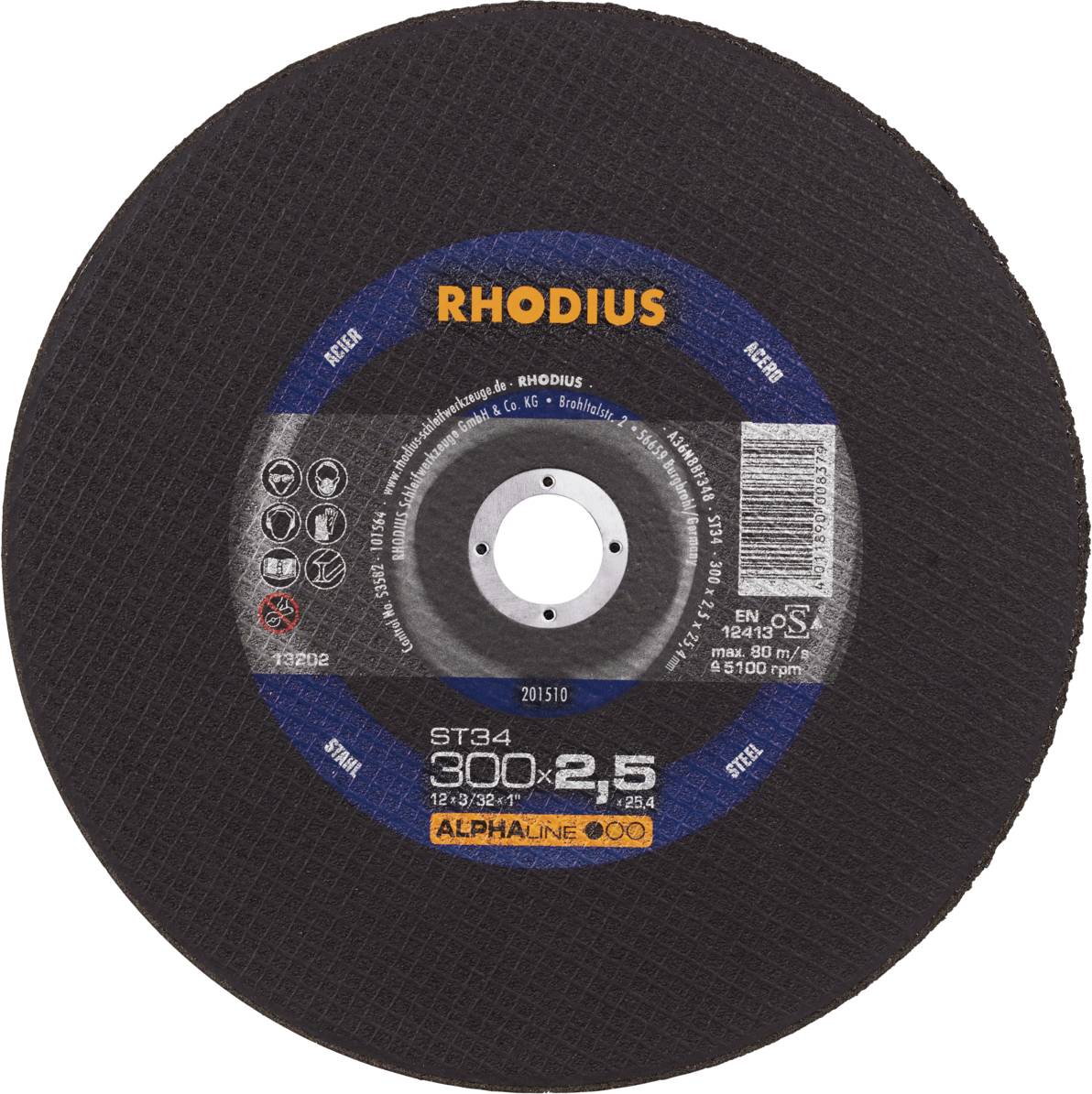 Un disque à tronçonner portant l'inscription 'RHODIUS', de taille 300x2,5 mm, adapté à une vitesse de rotation maximale de 5100 tr/min.