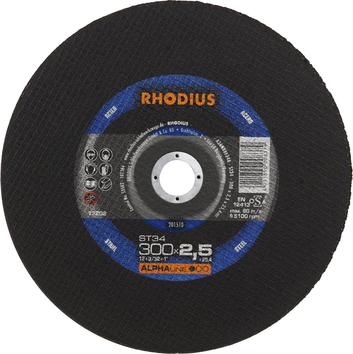 Disque de coupe noir portant l'inscription 'RHODIUS', modèle ST34, diamètre 300 mm, épaisseur 2,5 mm. Utilisé pour les travaux de découpe de métal.