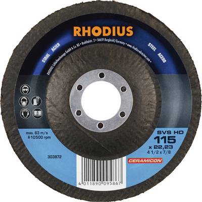 Disque à tronçonner de la marque Rhodius, modèle SVS HD 115, pour acier et métal, avec une vitesse de rotation maximale de 13 300 tr/min.