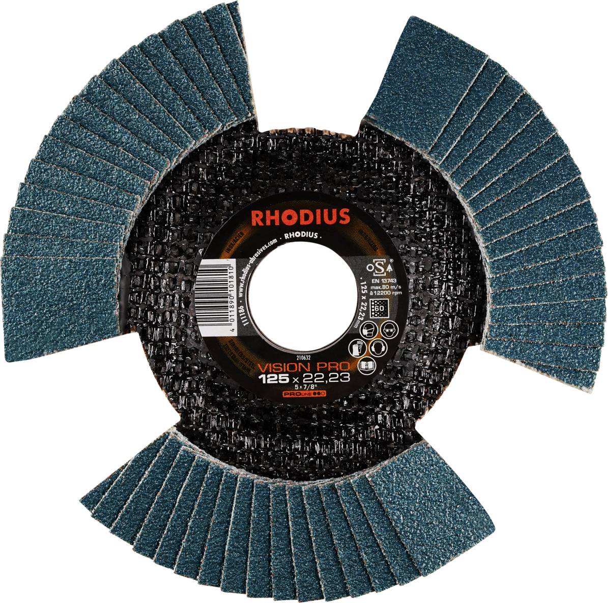Disque à tronçonner 'RHODIUS Vision Pro 125 x 22,23'. Présente la structure et la répartition des lamelles de meulage avec une étiquette centrale.