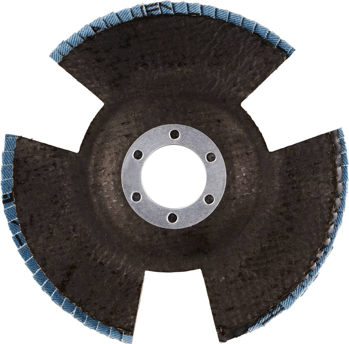 Un outil de coupe circulaire avec quatre découpes et des bords dentelés bleus.