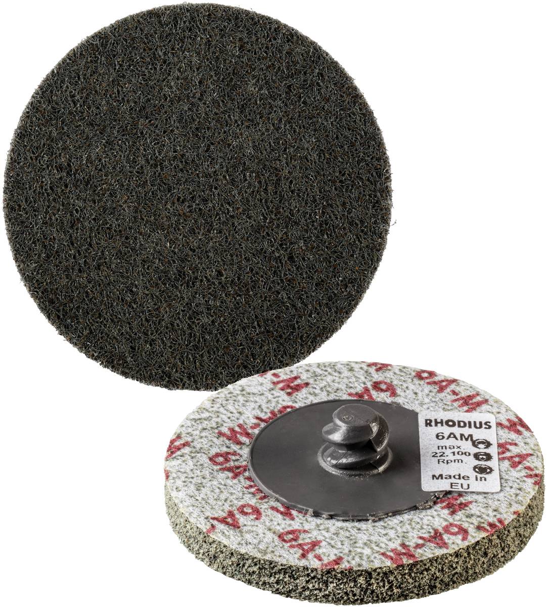 Abrasif : Deux meules abrasives, une face supérieure rugueuse et sombre, l'autre montrant le côté arrière avec fixation et inscription « RHODIUS, Made in EU ».