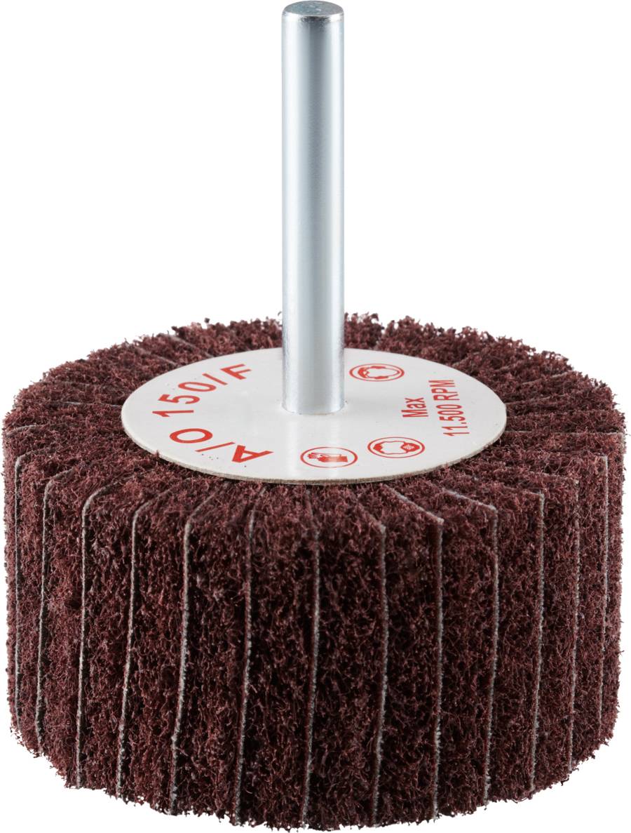 Rouleau de ponçage 'A150' avec axe central, fibres brunes grossières, pour travaux industriels de polissage et de meulage.
