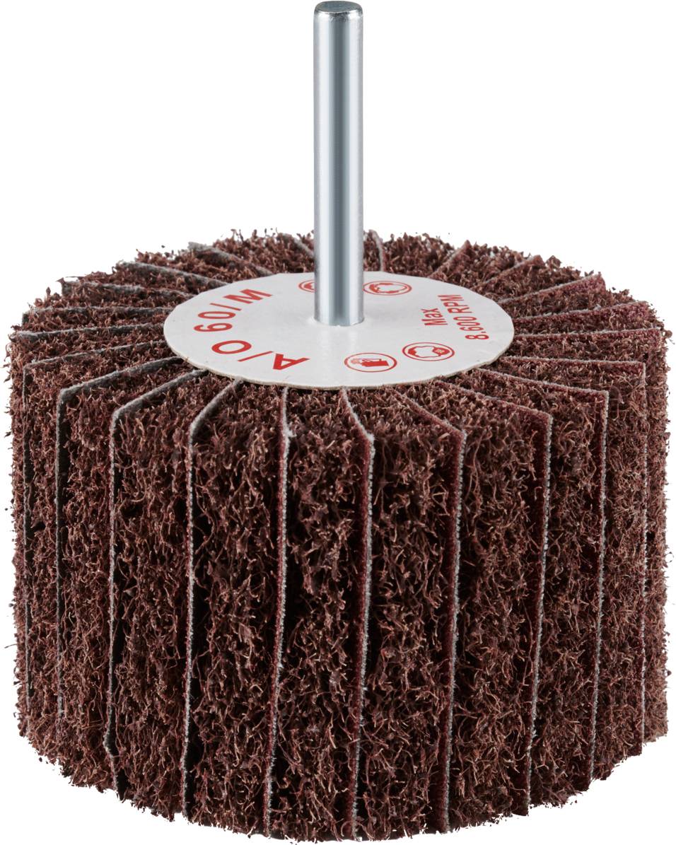 Disque abrasif rouge-brun avec fibres rigides et tige métallique centrale pour fixation sur des outils électriques, adapté pour le traitement de surface.