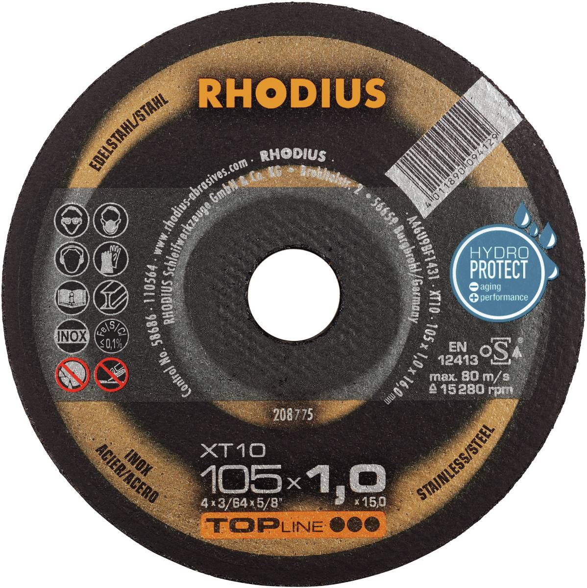 Disque à tronçonner 'Rhodius XT10', 105 x 1,0 mm, pour acier inoxydable/acier, revêtement HydroProtect.