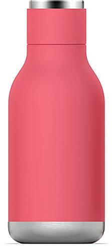 Bouteille d'eau rouge avec un bouchon en acier inoxydable sur un fond blanc. La bouteille est droite et au design minimaliste.