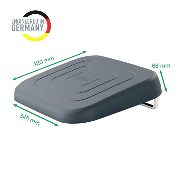 Siège gris ergonomique avec dimensions : 420 mm x 340 mm, hauteur 68 mm. Logo « Engineered in Germany » en haut.