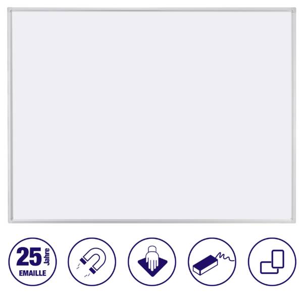 Tableau blanc avec cadre argenté. Symboles ci-dessous : '25 ans de garantie', magnétique, effaçable, porte-stylos, interactif.