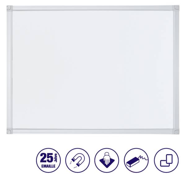 Tableau blanc avec cadre argenté. En bas, symboles : 25 ans de garantie, magnétique, facile à nettoyer, résistant aux rayures, utilisation mobile.