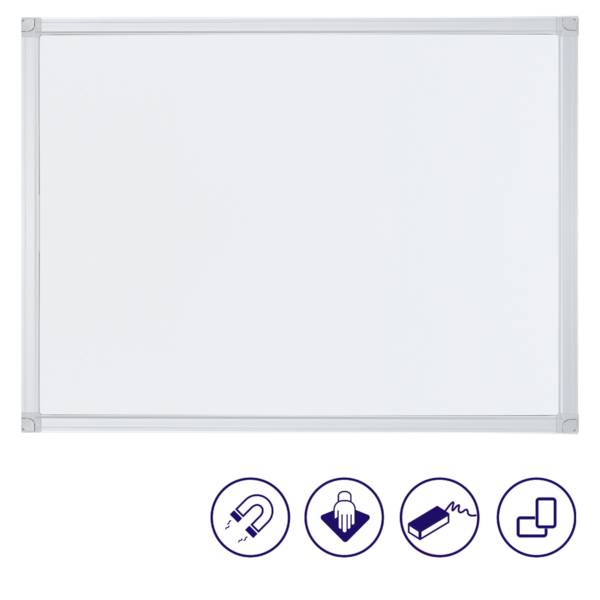 Tableau blanc avec quatre symboles en dessous : Aimant, Facile à nettoyer, Effaçable à sec, Compatible mobile.