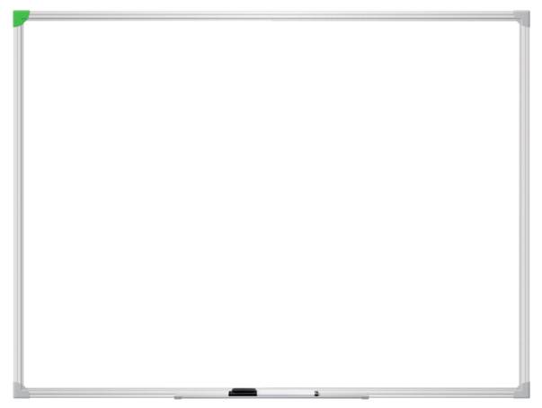 Tableau blanc avec cadre métallique, vide et prêt à être écrit avec des marqueurs.