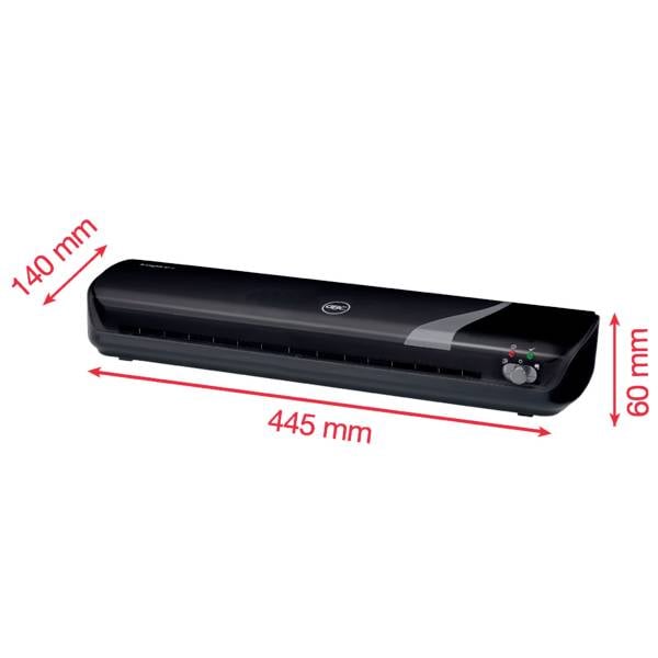 Appareil de laminage noir de 445 mm de largeur, 140 mm de profondeur et 60 mm de hauteur, avec des commandes sur le côté.
