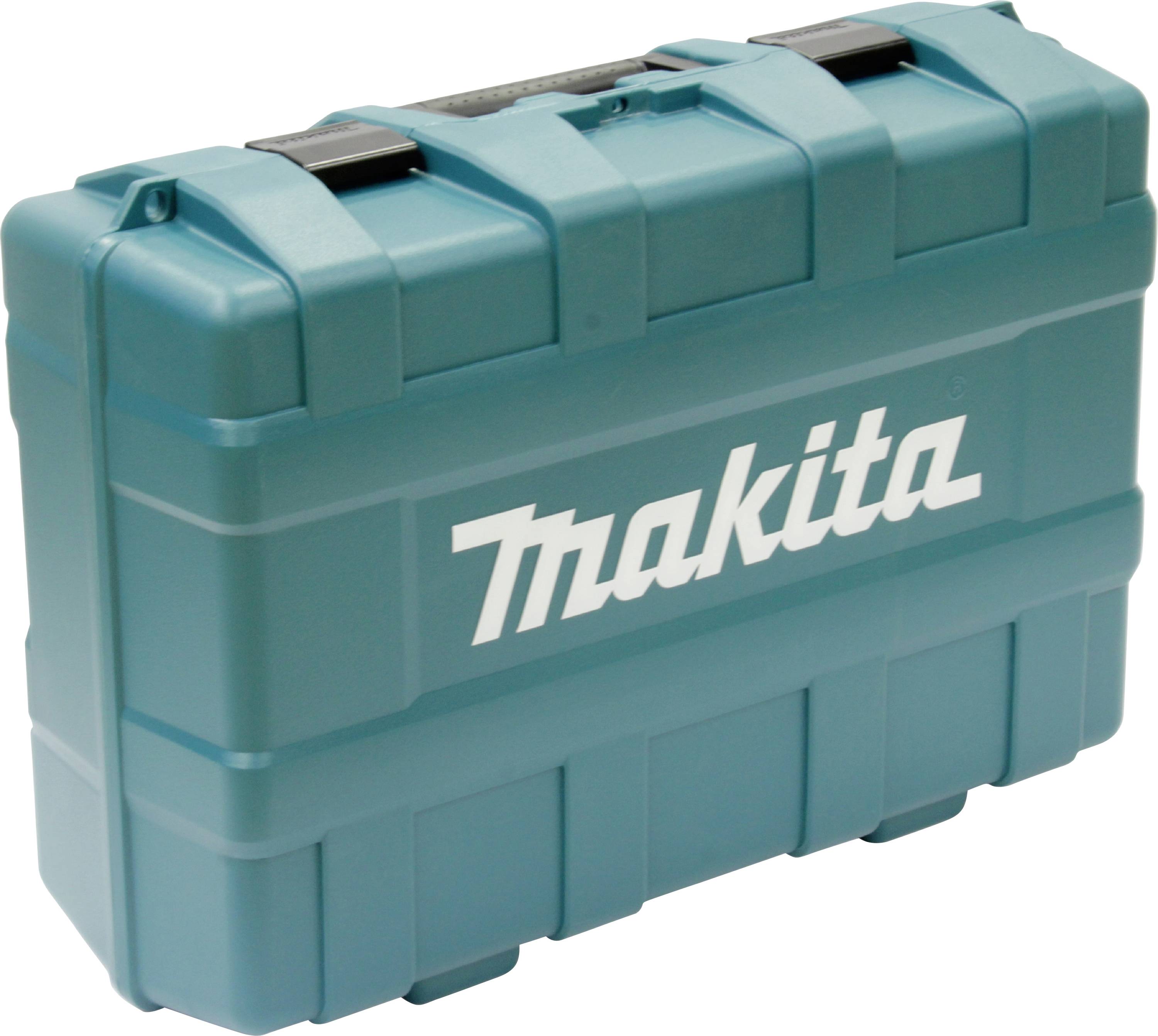 Un coffret à outils bleu avec le logo blanc 'Makita' dessus. Le coffret est équipé d'une poignée et de deux fermoirs sur le dessus.