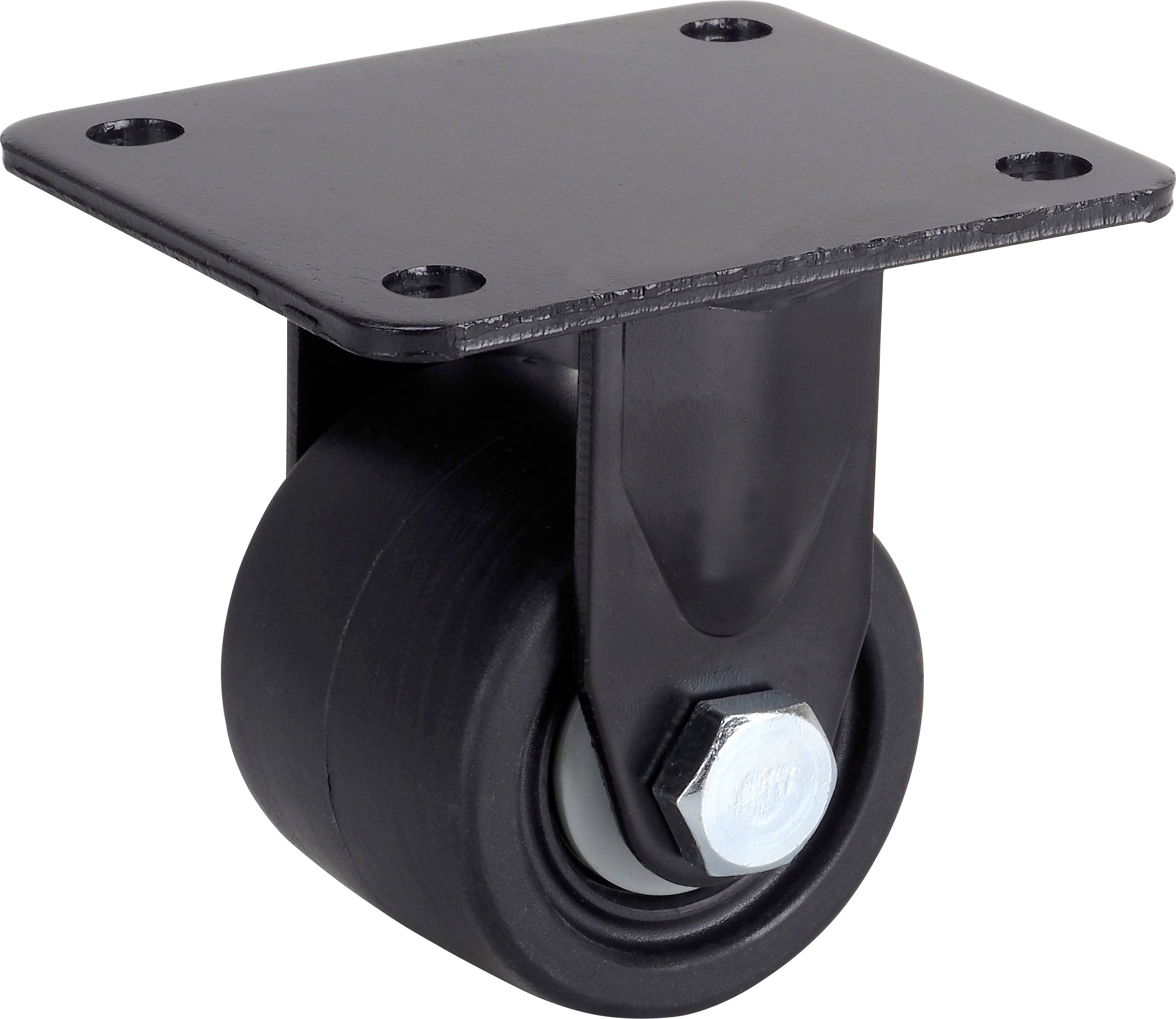 Roue à roulette pivotante noire avec plaque métallique et fixation par vis, adaptée aux meubles ou aux appareils de transport.