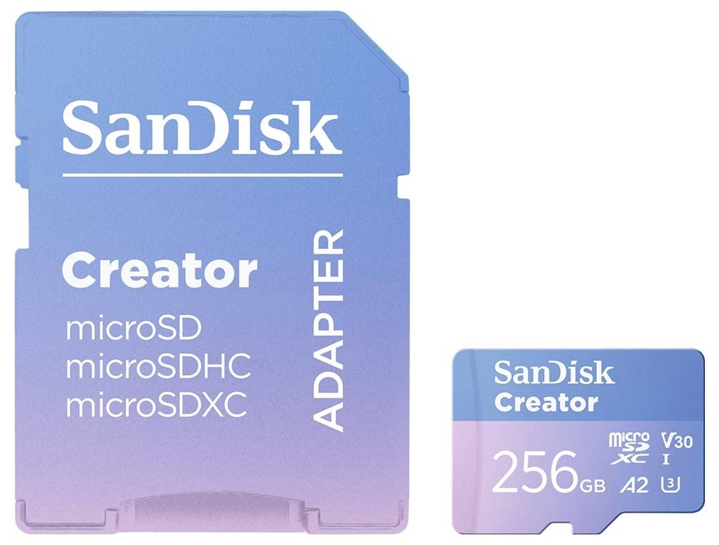 Carte microSD SanDisk Creator de 256 Go avec adaptateur. Prend en charge les formats microSD, microSDHC et microSDXC.