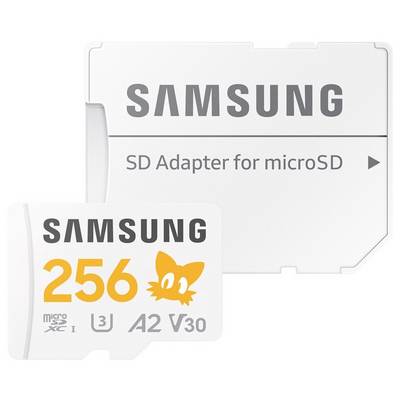 Une carte microSD Samsung de 256 Go et son adaptateur SD correspondant, tous deux en blanc avec du texte orange.