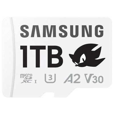 Carte microSD blanche de Samsung avec une capacité de 1 To et des classifications de vitesse U3, A2, V30.