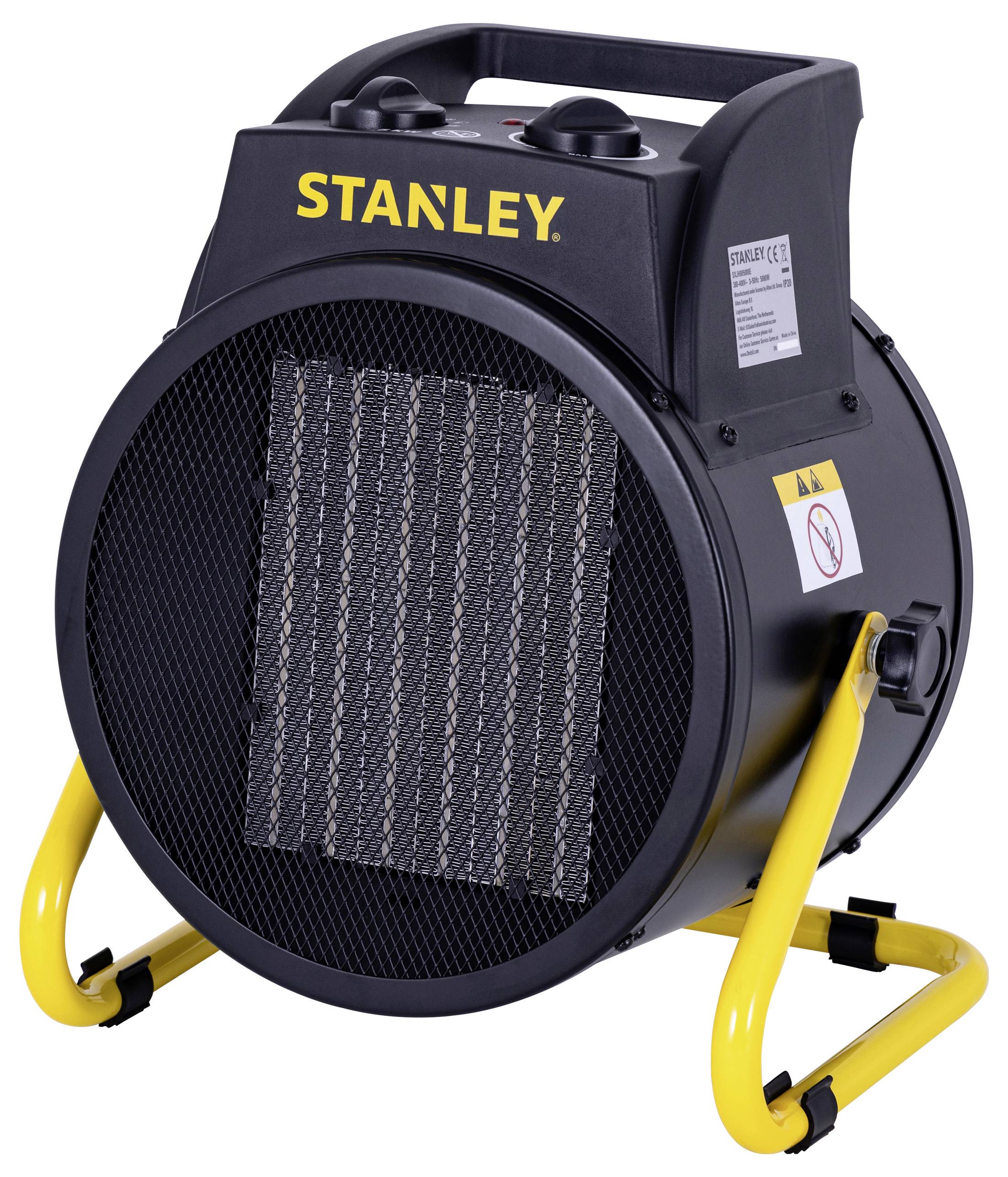 Chauffage ventilateur industriel portable de marque 'STANLEY' avec une large grille métallique circulaire et un support tubulaire jaune.