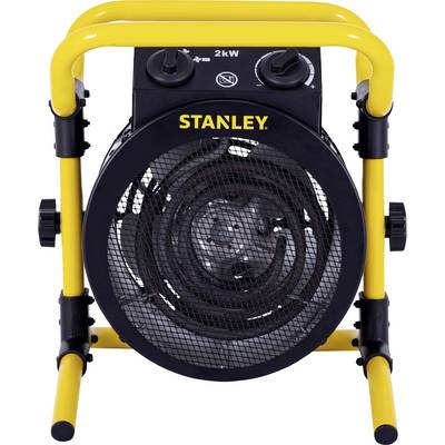 Chauffage électrique portable avec cadre jaune et boîtier noir, portant l'étiquette « Stanley ». Boutons de commande pour les réglages de puissance situés sur le dessus.