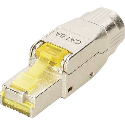 Connecteur RJ45 Cat 6A enfichable en métal avec clip de sécurité jaune, adapté aux installations réseau.