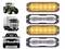 Des feux de signalisation ambrés à LED pour véhicules montrant six lumières horizontales disposées de différentes manières, avec un tracteur, un camion et un SUV comme contexte.