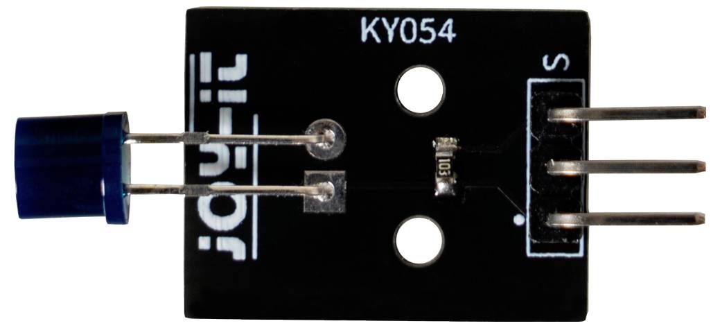 Module de capteur infrarouge 'KY054' avec boîtier en plastique bleu, deux broches métalliques et connexion tripôle à droite.