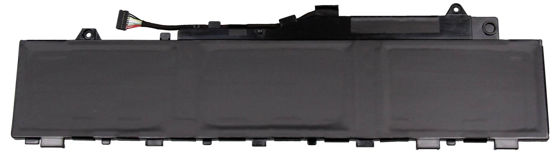 Un accumulateur rectangulaire de portable avec un boîtier noir et un câble comportant des fils multicolores sur un côté.