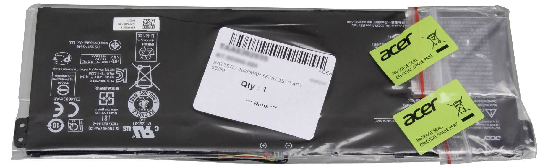 Batterie de rechange dans son emballage avec les informations du fabricant et les symboles de sécurité. Deux étiquettes vertes portant la marque 'acer' identifient la batterie.