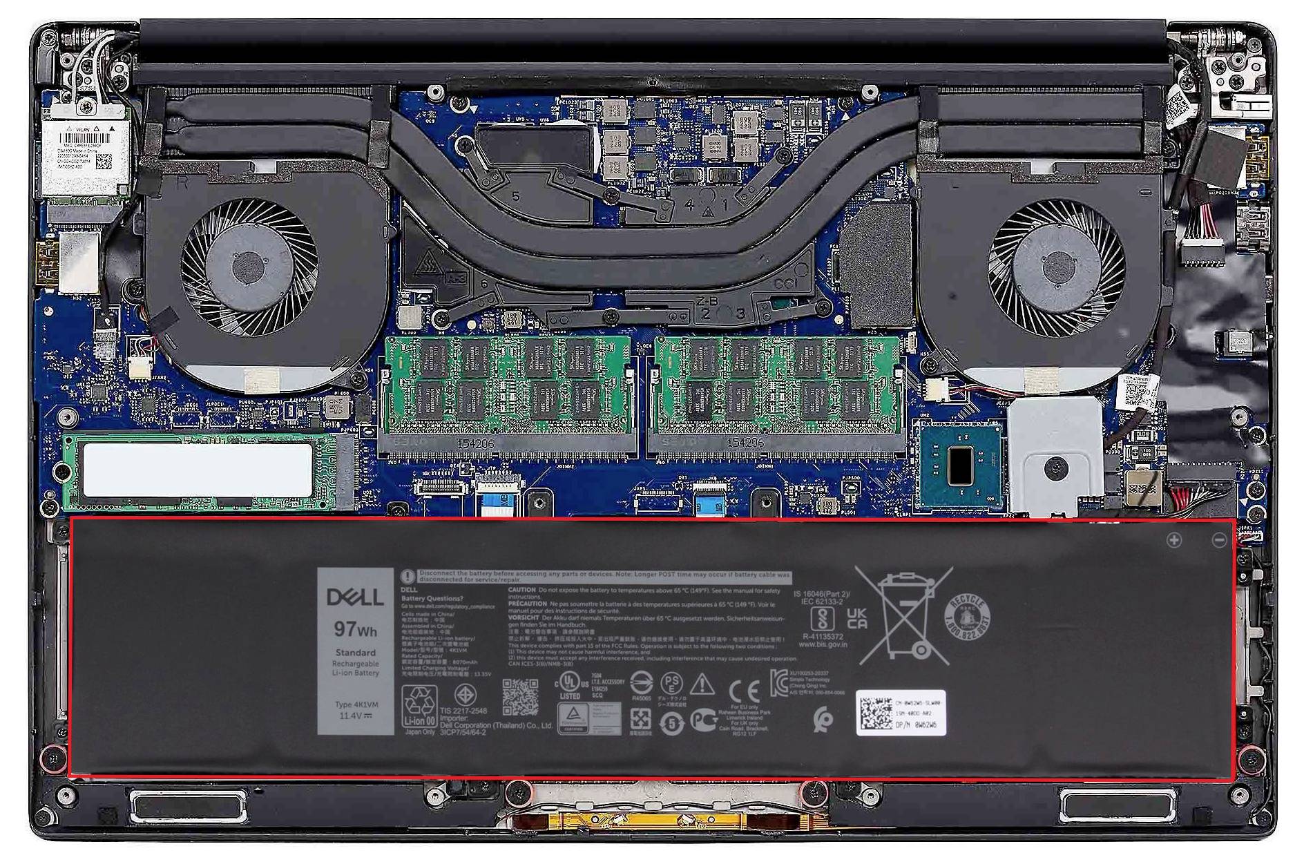 Un ordinateur portable ouvert montre une vue intérieure avec deux unités de ventilation en haut, des modules de RAM au milieu et une grande batterie en bas.