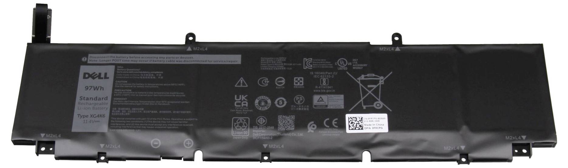 Batterie d'ordinateur portable Dell de 97 Wh, représentée avec des spécifications techniques et des symboles sur la face avant.