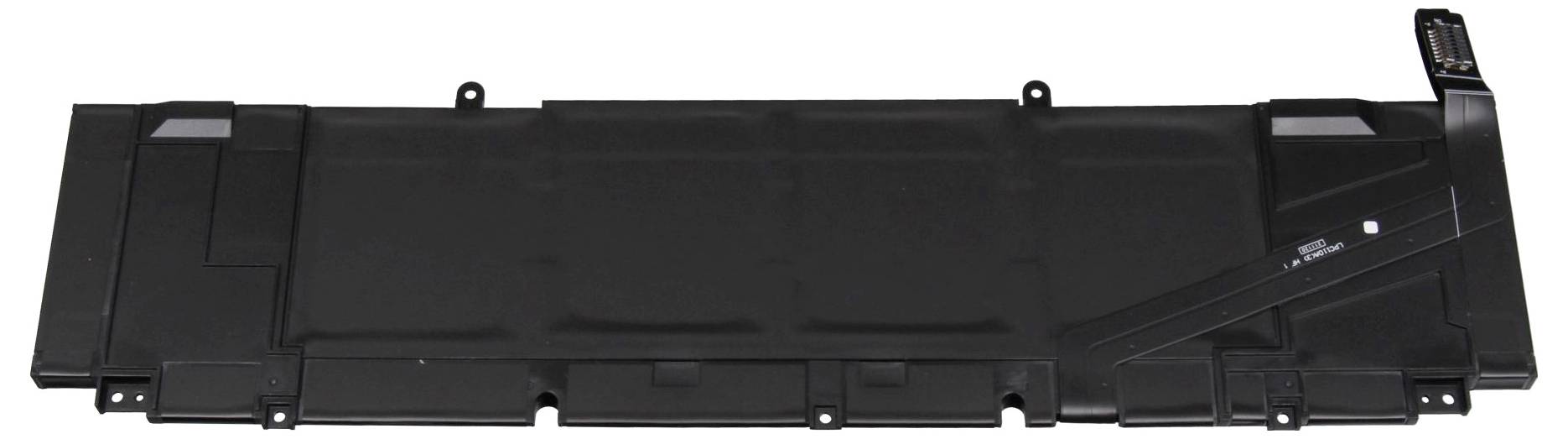 Un remplacement de batterie d'ordinateur portable noir est montré de dessus, avec un câble connecté à droite.
