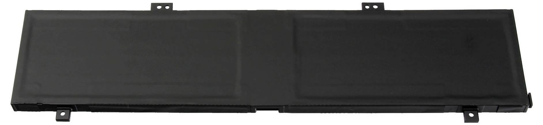 Une batterie d'ordinateur portable rectangulaire, noire, avec des clips de fixation sur les bords.