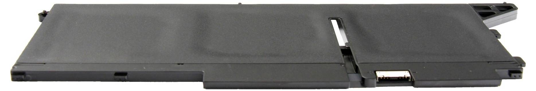 Une batterie d'ordinateur portable noire, rectangulaire et plate, avec des connecteurs sur le côté droit et des coins arrondis.