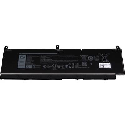 Un accumulateur rectangulaire pour ordinateur portable Dell avec différentes spécifications techniques et avertissements en blanc sur un fond noir.