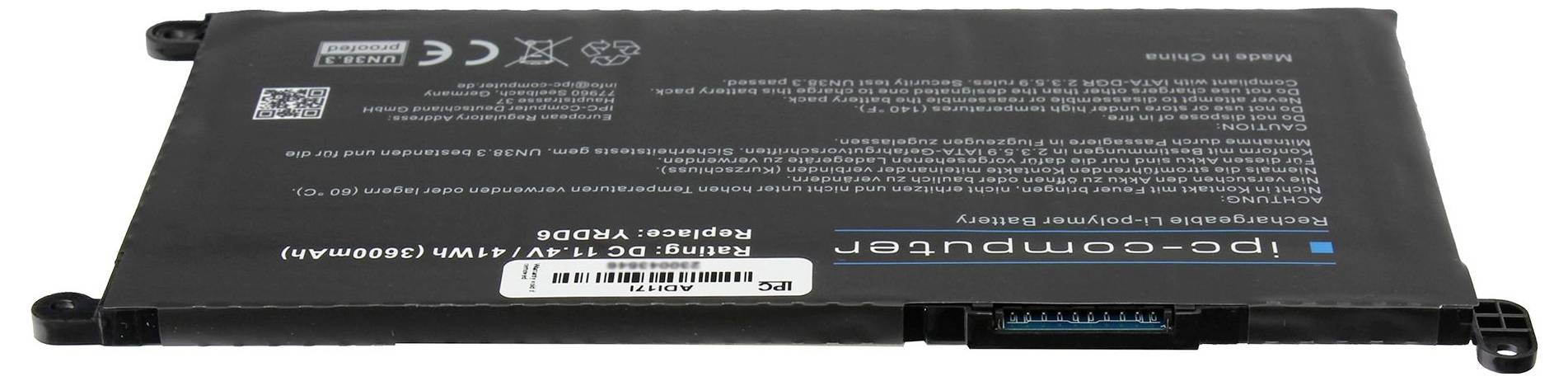 Un ordinateur portable noir avec des étiquettes et des informations est représenté. Il possède une fiche de connexion bleue sur un côté.
