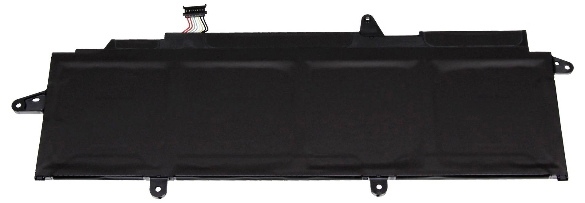 Un ordinateur portable noir avec plusieurs points de connexion et un connecteur de câble multicolore en haut à gauche.