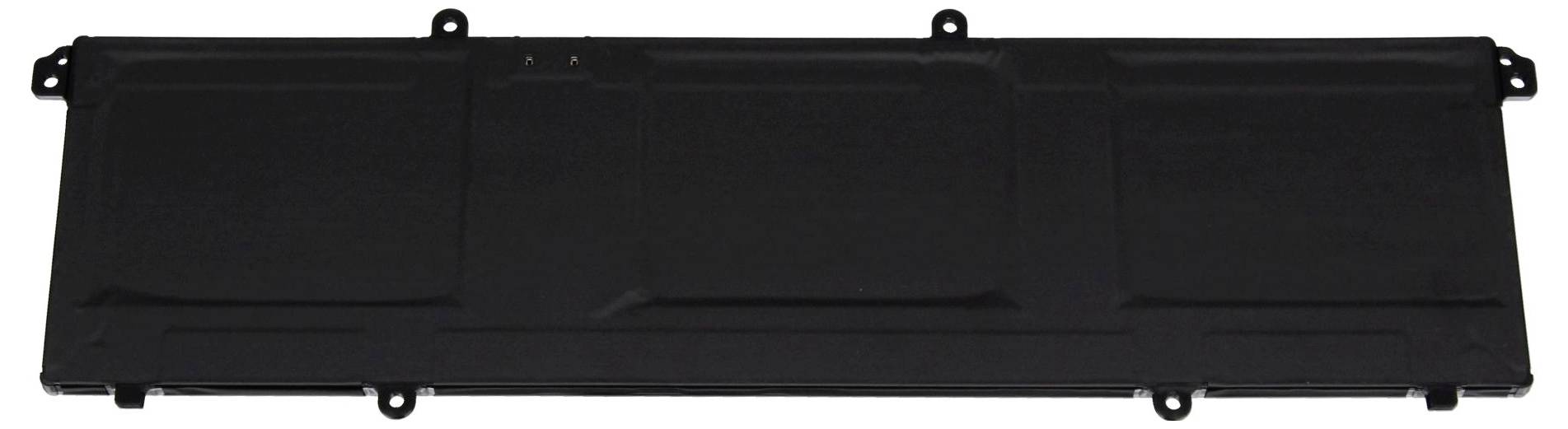 Une batterie d'ordinateur portable rectangulaire, noire, plate, avec des pattes de fixation aux coins.