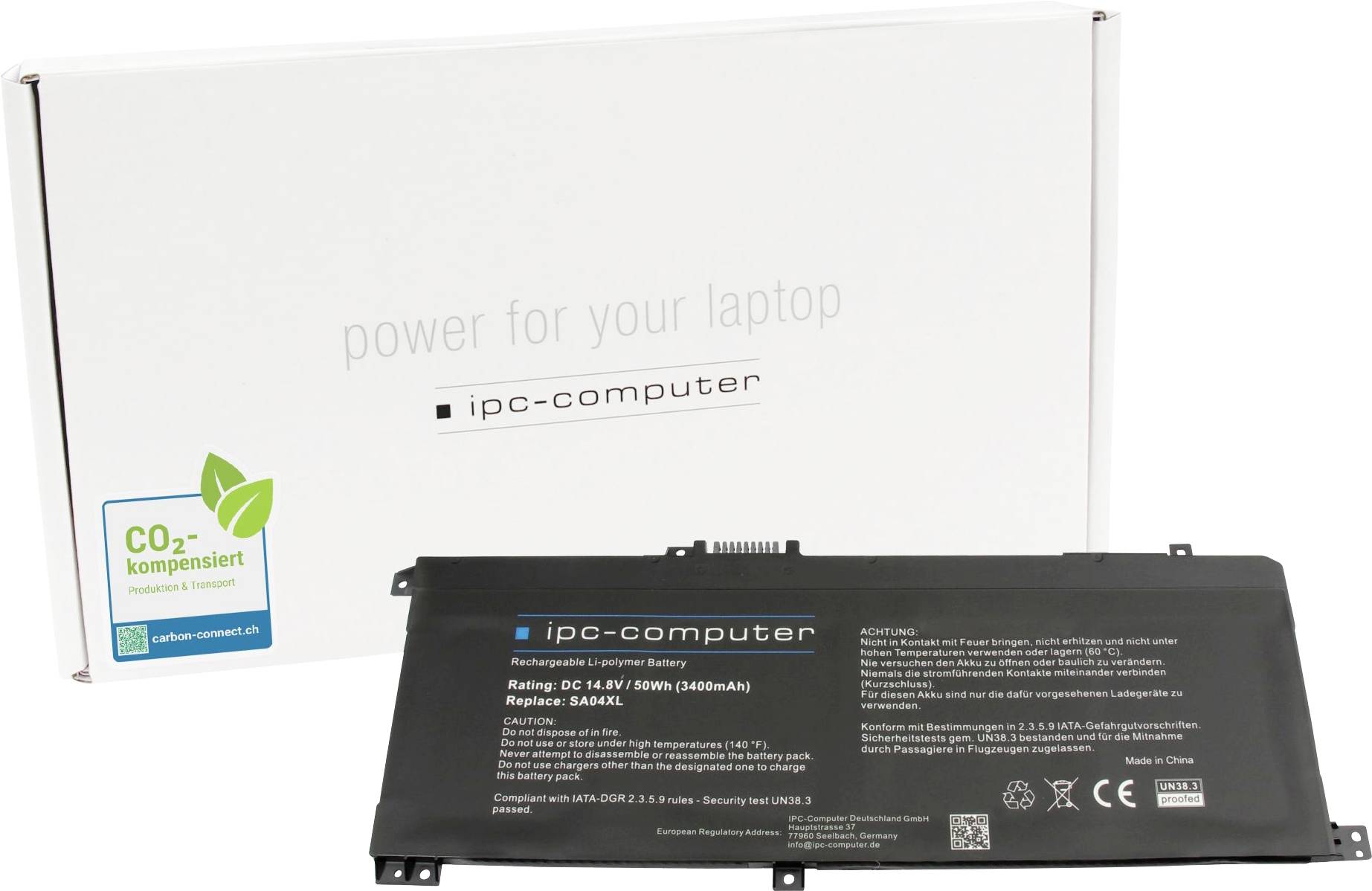 Batterie lithium-ion d'ipd-computer d'une capacité de 6400 mAh. Sur le carton, il est inscrit « power for your laptop ». Compensé en CO2.