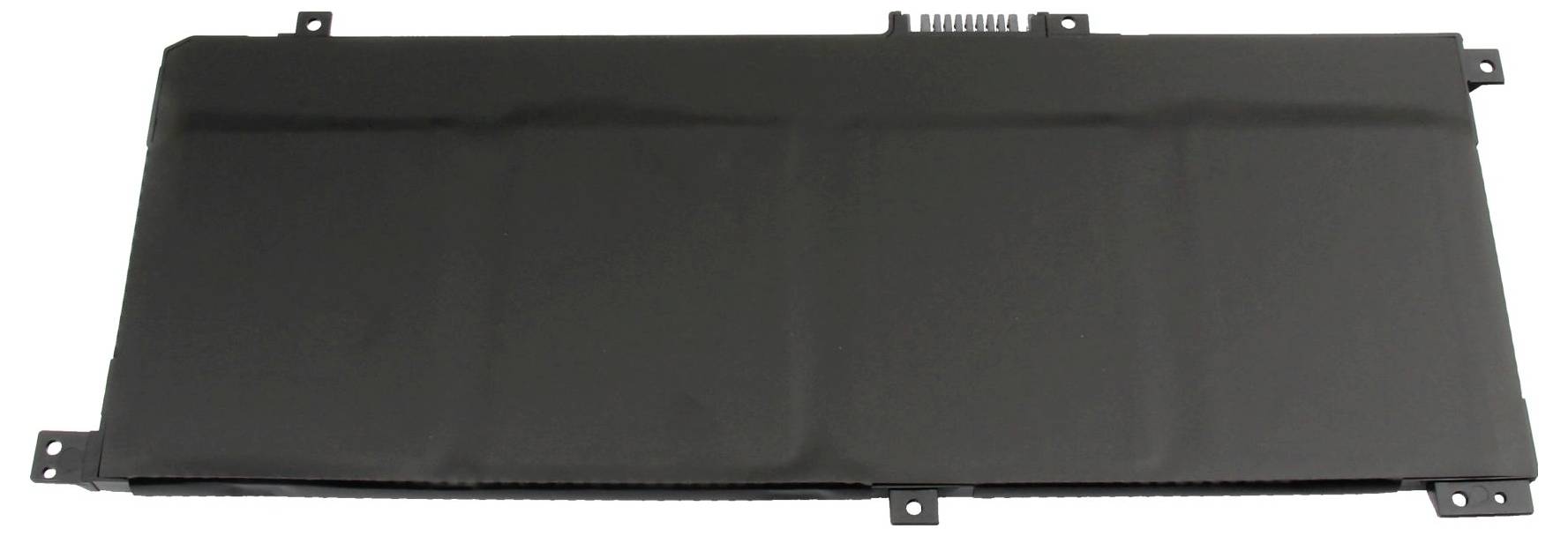Une batterie d'ordinateur portable rectangulaire et noire avec plusieurs pattes de fixation.