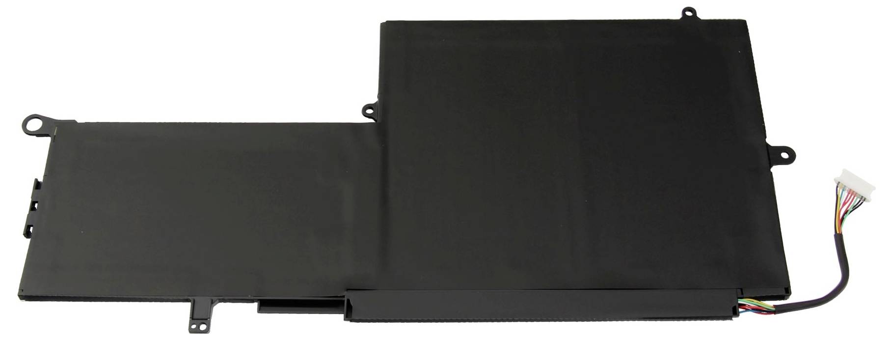 Un chargeur de batterie rectangulaire pour ordinateur portable avec un câble multicolore et une prise sur le côté droit, sur un fond blanc.